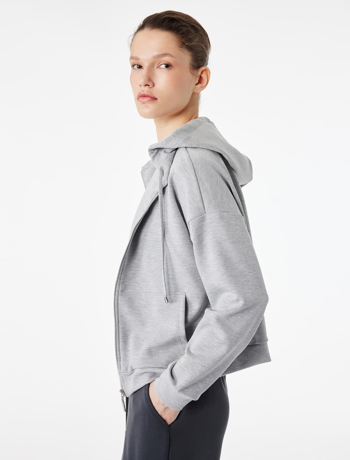 Modal Uzunqol Cibli Tam Fermuarlı Kapüşonlu Sweatshirt