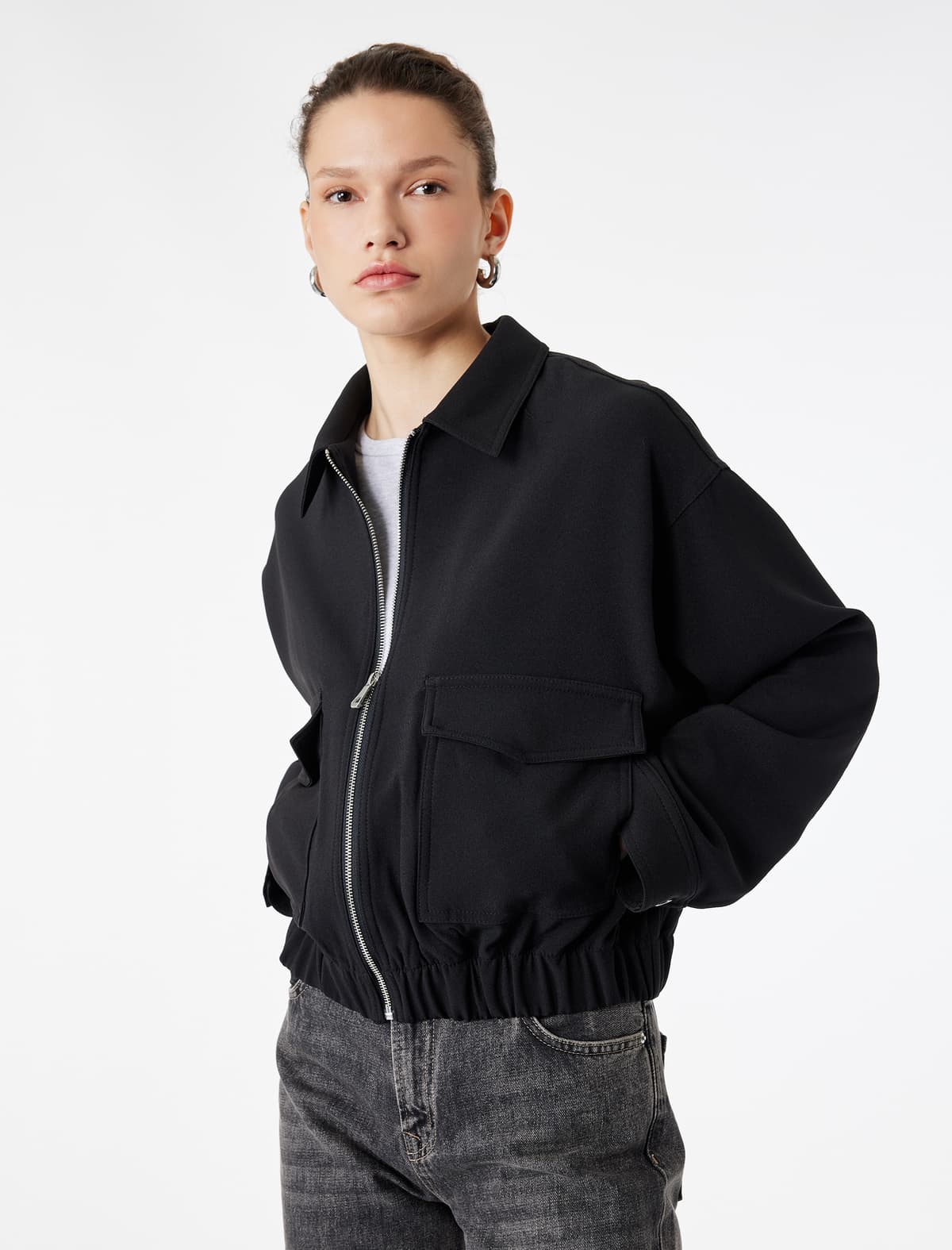 Uzunqollu Cib Fermuarlı Gabardin Crop Bomber Gödəkçə