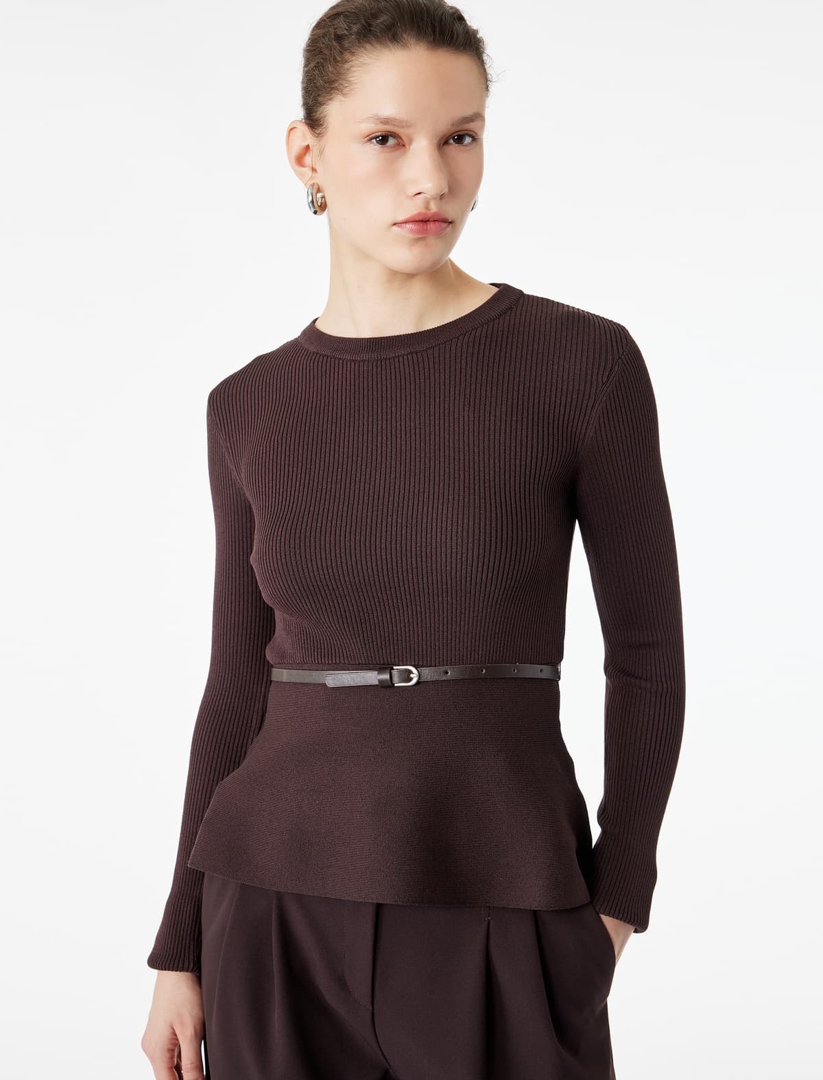 Uzunqol Dəyirmi yaxalu Kəmər Detallı Peplum Cut Trikotaj Sviter