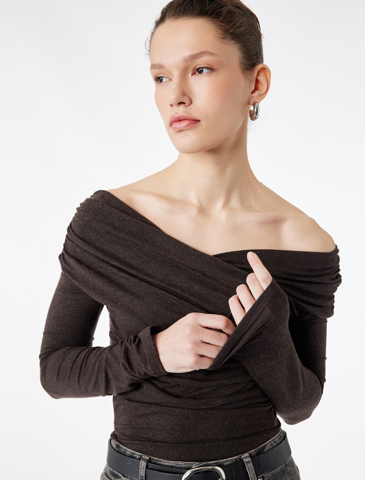 Qoyun Yunu Qarışığı Slim fit Uzunqol Qoşa Döş Yaxa Açıq Çiyin Bluz