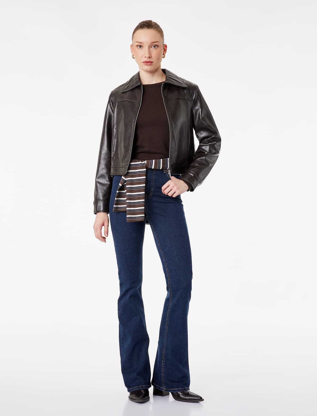 Slim Fit Yüksək Bel Düyməli Cib Flared Denim Şalvar - Flare Jean