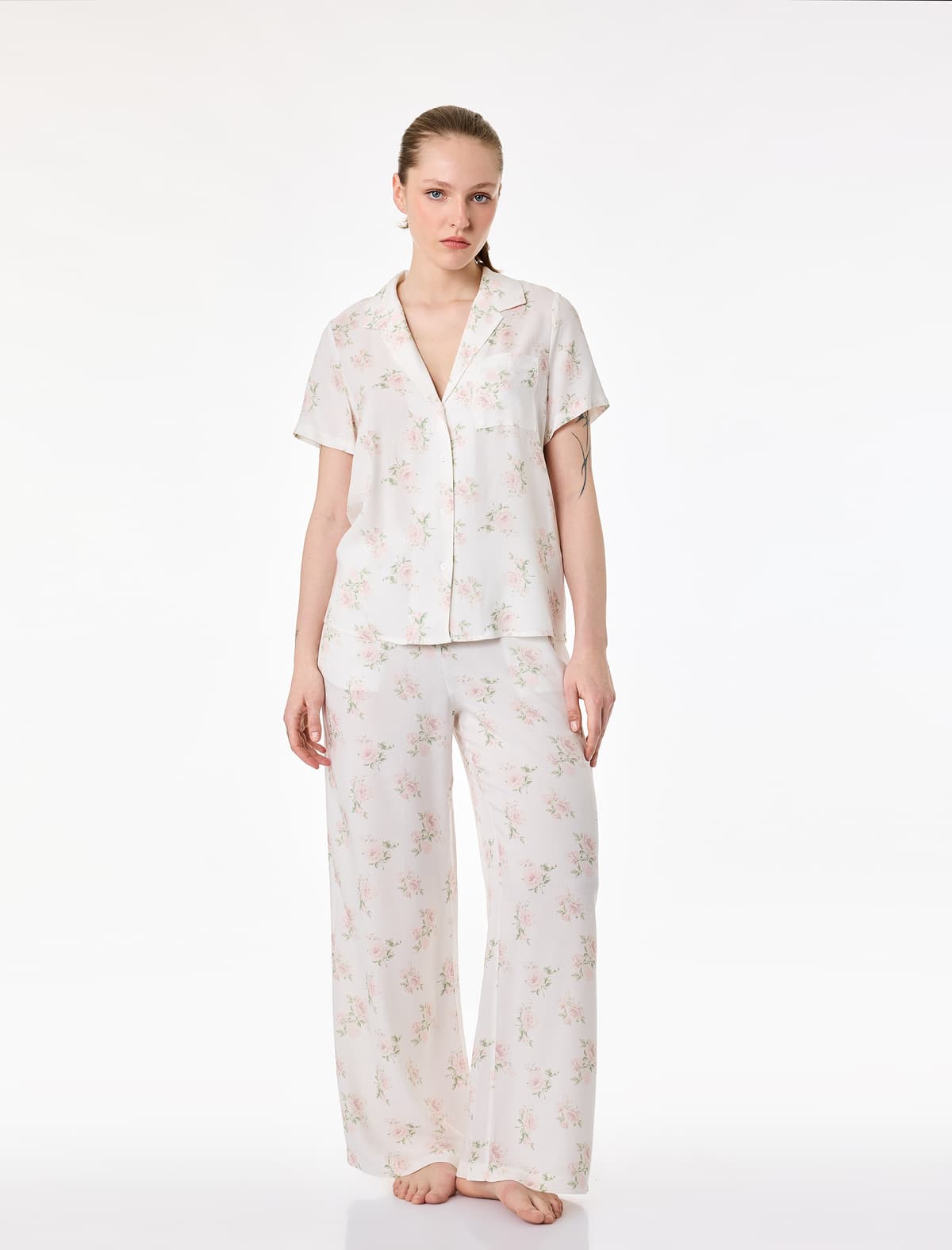 Elastik Bel Cib Çiçək Naxışlı Viskoz Pijama Altı
