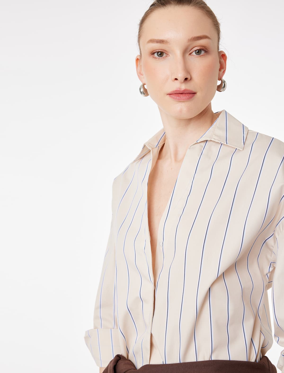 Pambıq Normal fit Uzunqol Düyməli Zolaqlı Poplin Tişört