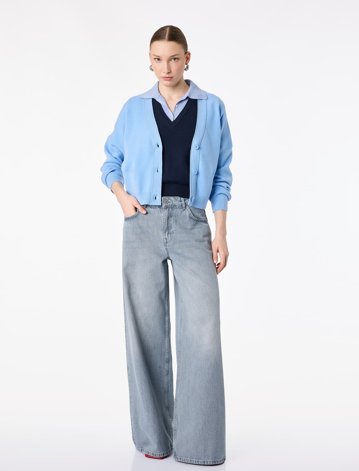 Düz Paçalı Yüksək Bel Cib Boş Fit Denim Şalvar - Boş Düz Fit Cins