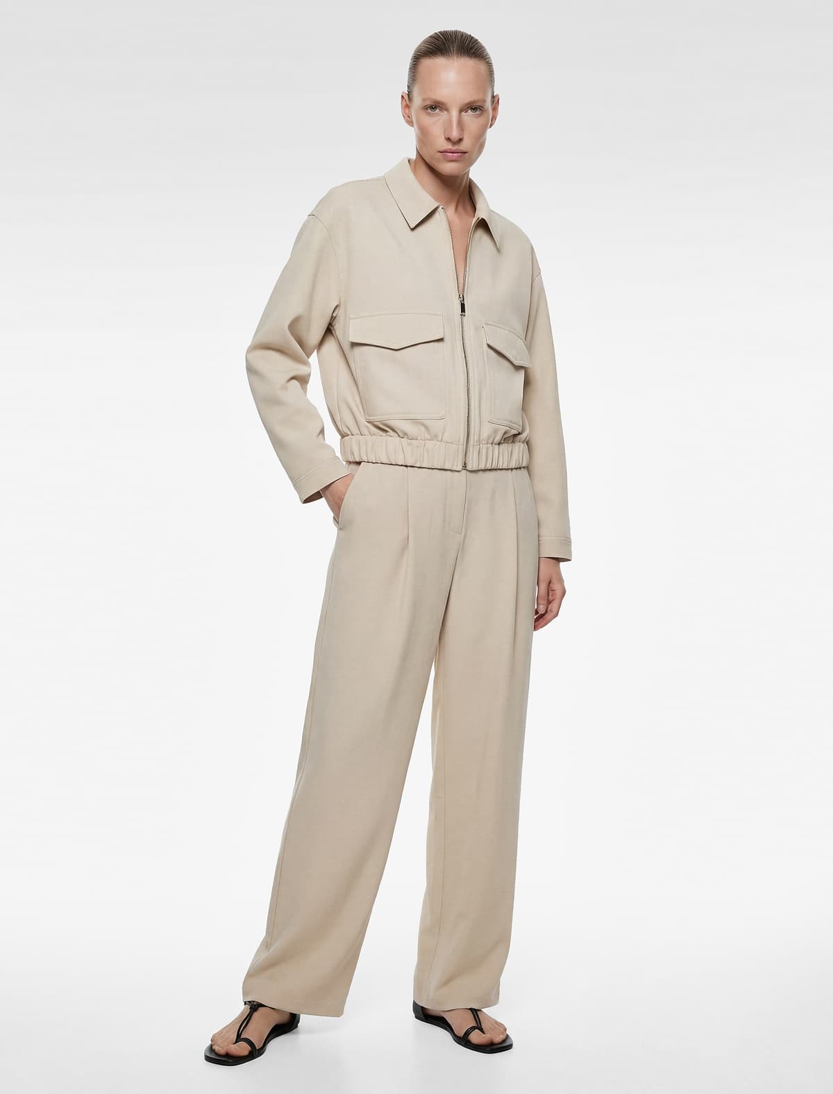Uzunqollu Cib Fermuarlı Gabardin Crop Bomber Gödəkçə