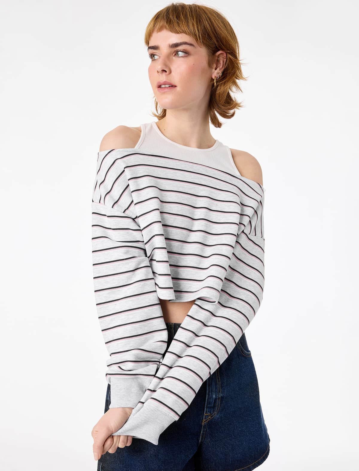 Uzunqol Dəyirmi yaxalu Alt Tişört Qatlı Crop Sweatshirt