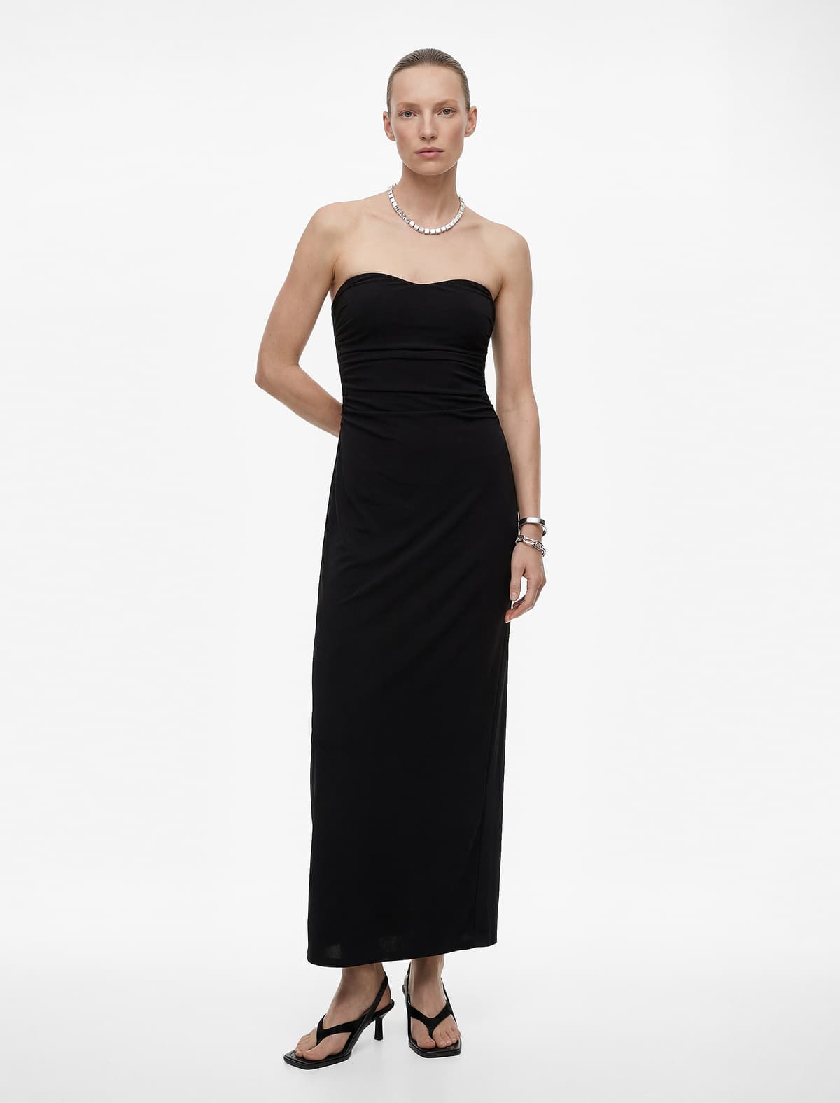 Draped Qolsuz Slim fit Bodycon Midi Straplez Gecə Donu
