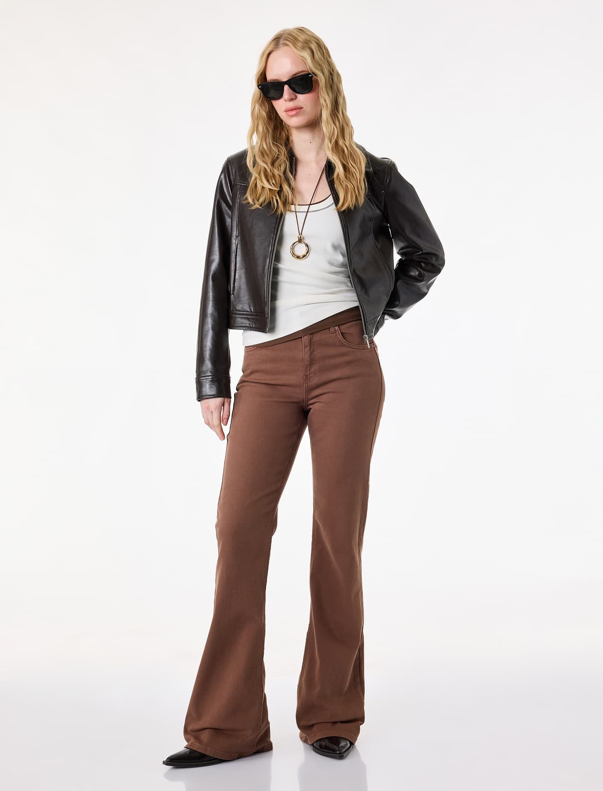 Yüksək Bel Slim Fit Cib Düyməli Pambıq Açarlı Denim Şalvar - Flare Jeans