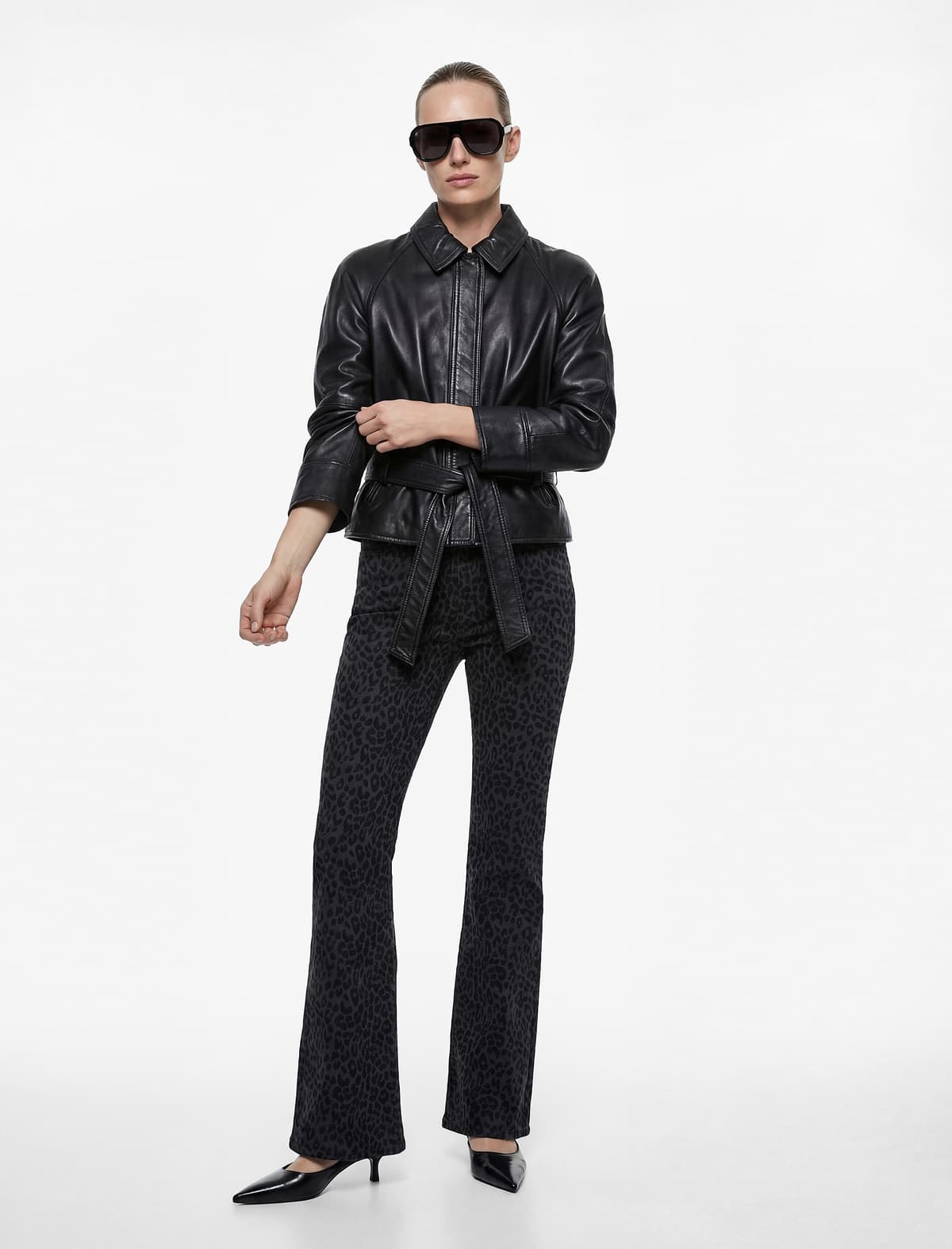 Yüksək Bel Leopard Naxışlı Cibli Flare Cins Şalvar - Flare Jeans