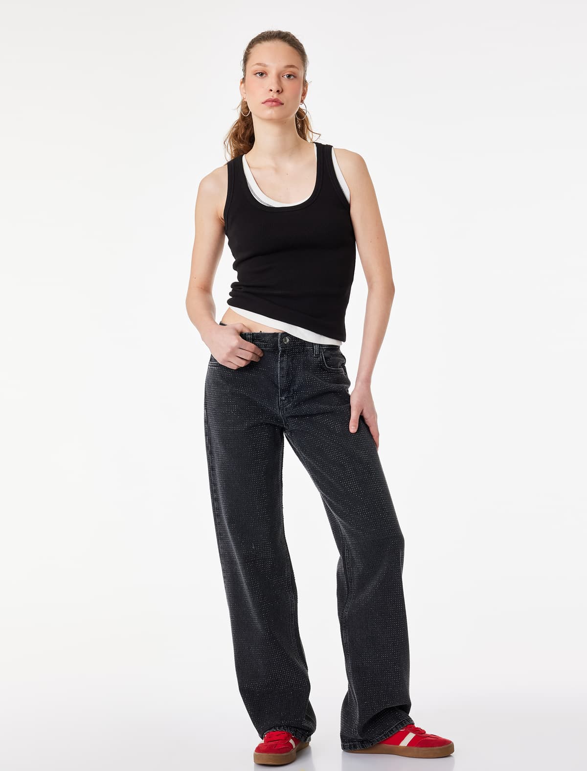 Düz Ayaqlı Normal Bel Daş Detaylı Pambıq Denim Şalvar - Straight Fit Jean