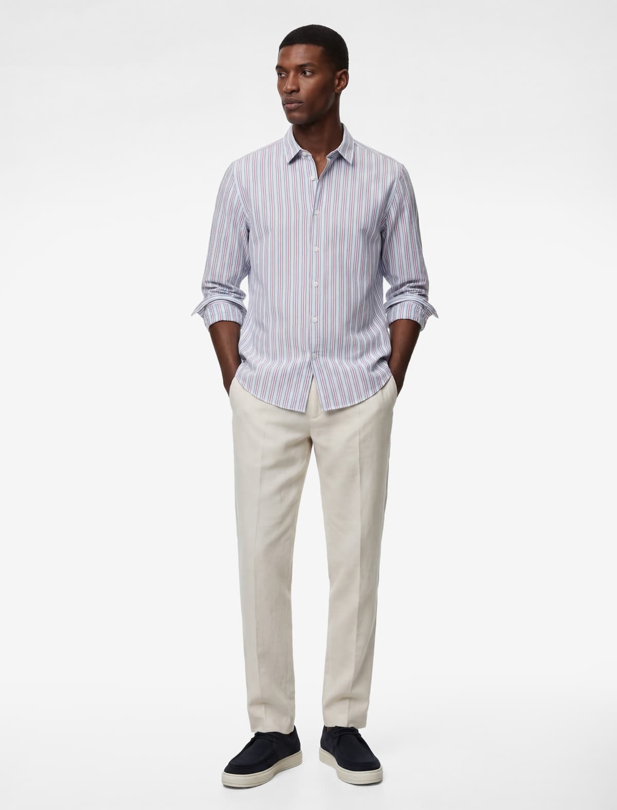 Normal fit Klassik Yaxalı Poplin Pambıq Uzunqol Zolaqlı Tişört