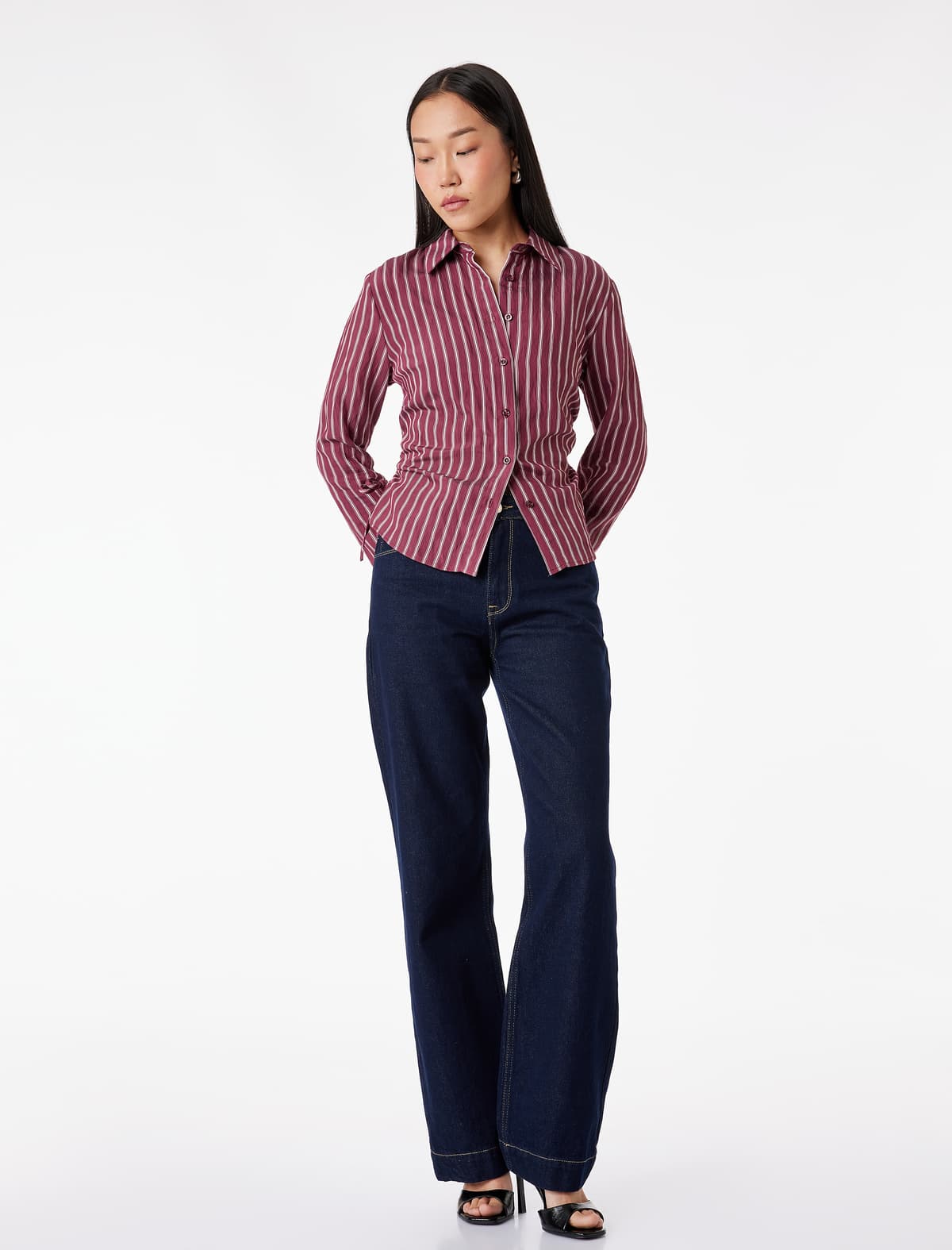 Viskoza Qarışığı Slim fit Uzunqol Zolaqlı Yanları Qalstuk Detallı Tişört