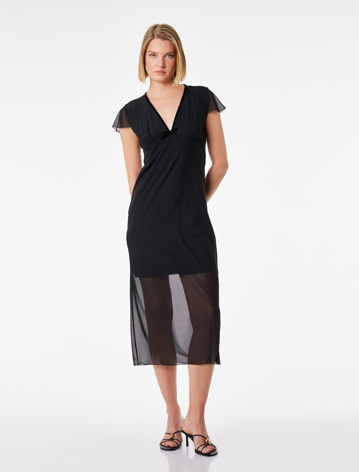 Slim fit Yay Detallı Midi Uzunluğu V Yaxa Qarpız Qolu Tül Paltar
