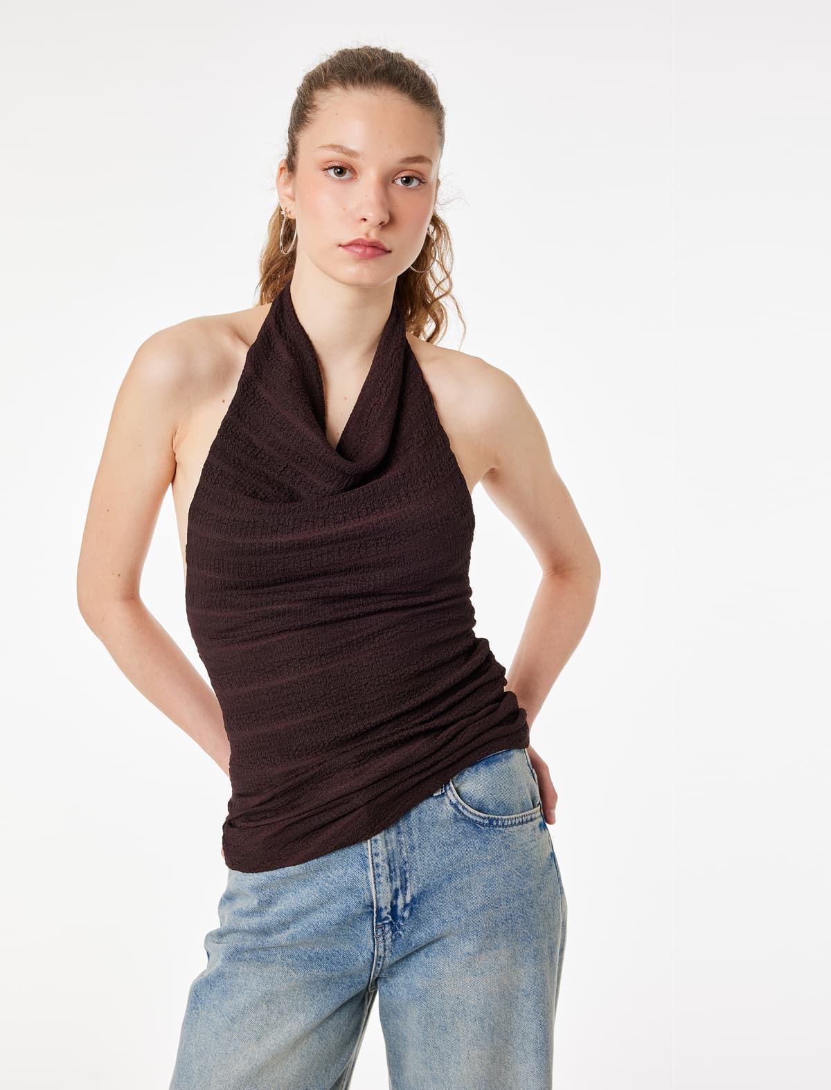 Bürümcük Parça Slim fit Ofset Halter Yaxalı Kofta