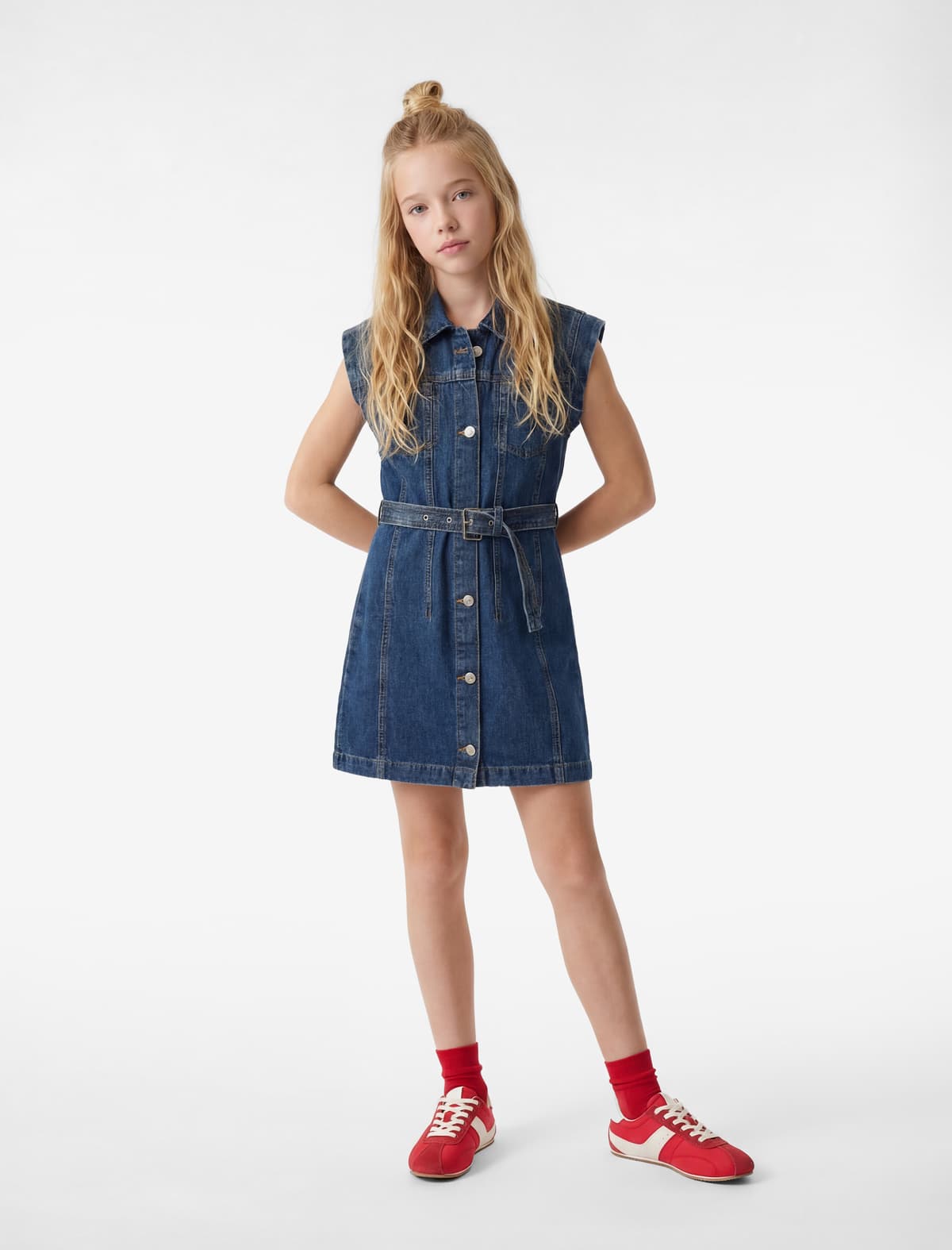 Pambıq Qolsuz Tişört Yaxalı Kəmər Detallı Denim Don