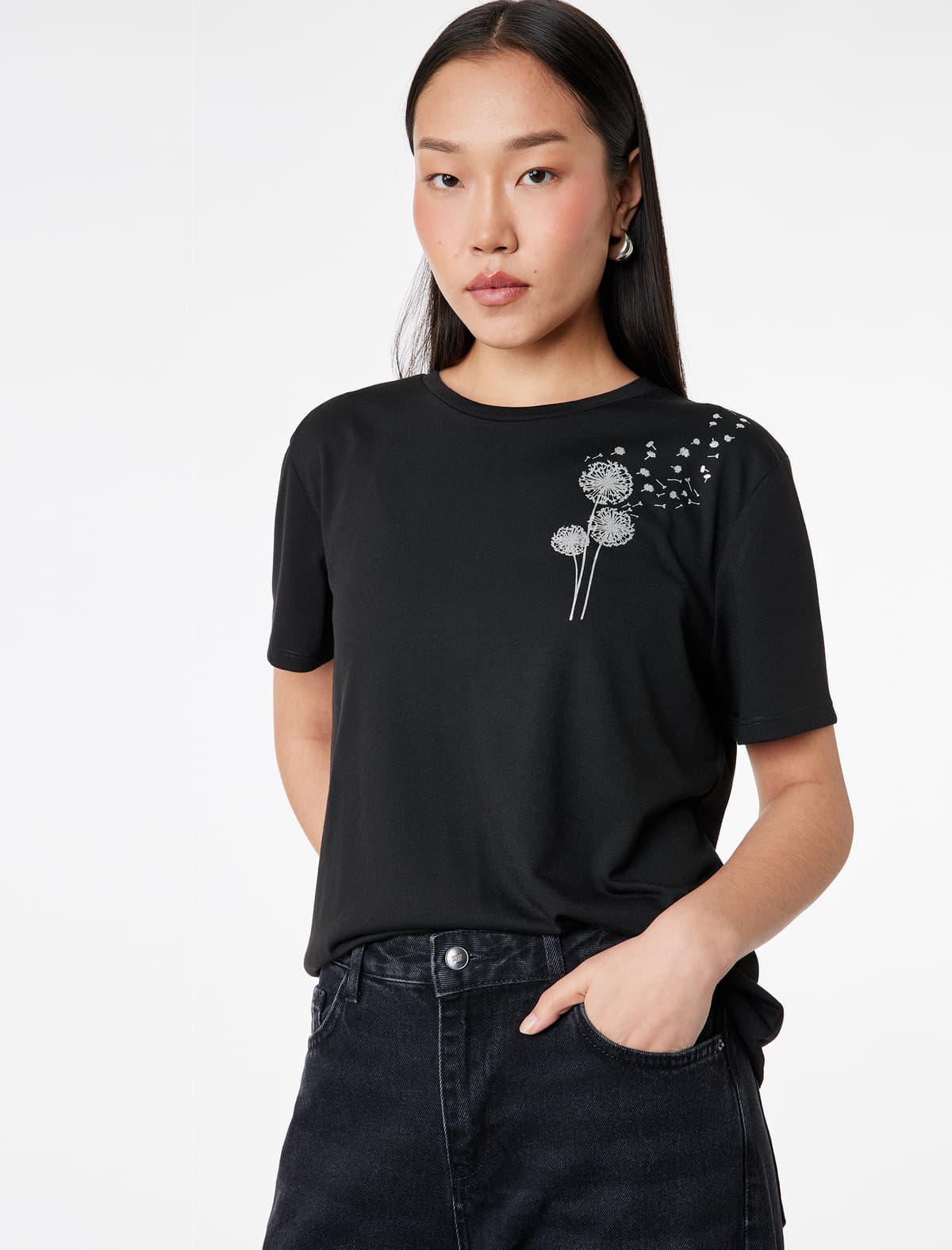 Normal Fit Crew Yaka Qısaqol Parıltılı Çaplı Tişört