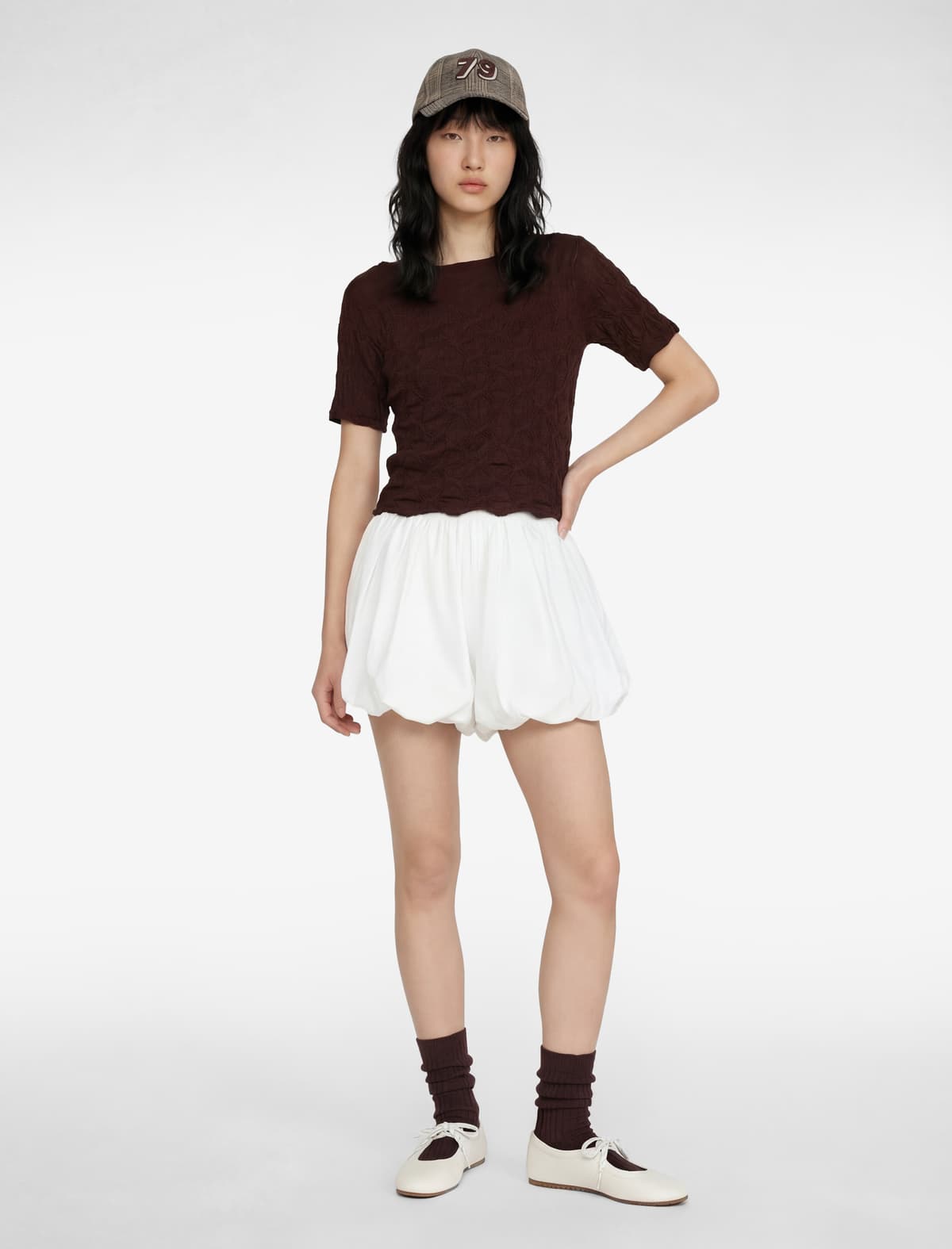 Bürümcük Parça Slim fit Qısaqol Qayıq Yaxalı Crop Tişört