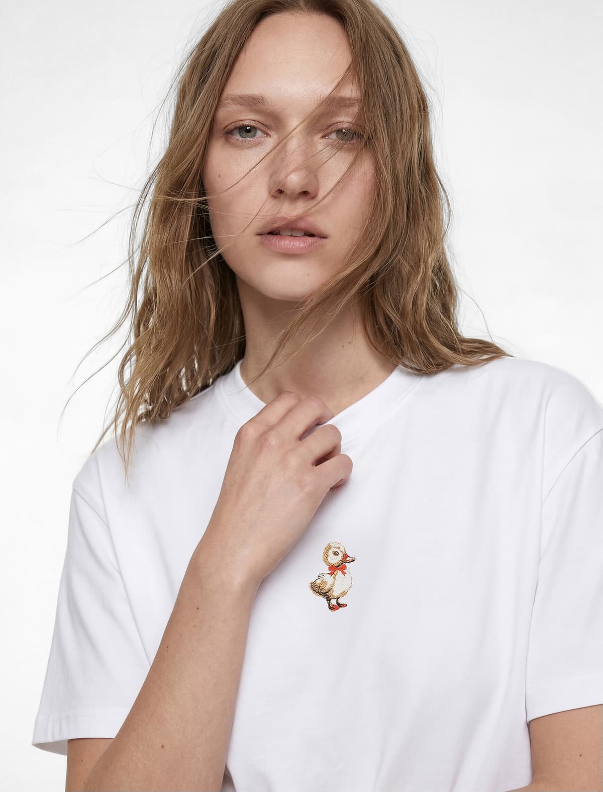 Pambıqdan Qısaqol Qısaqol Yakalı Ördək Naxışlı Oversize T-shirt