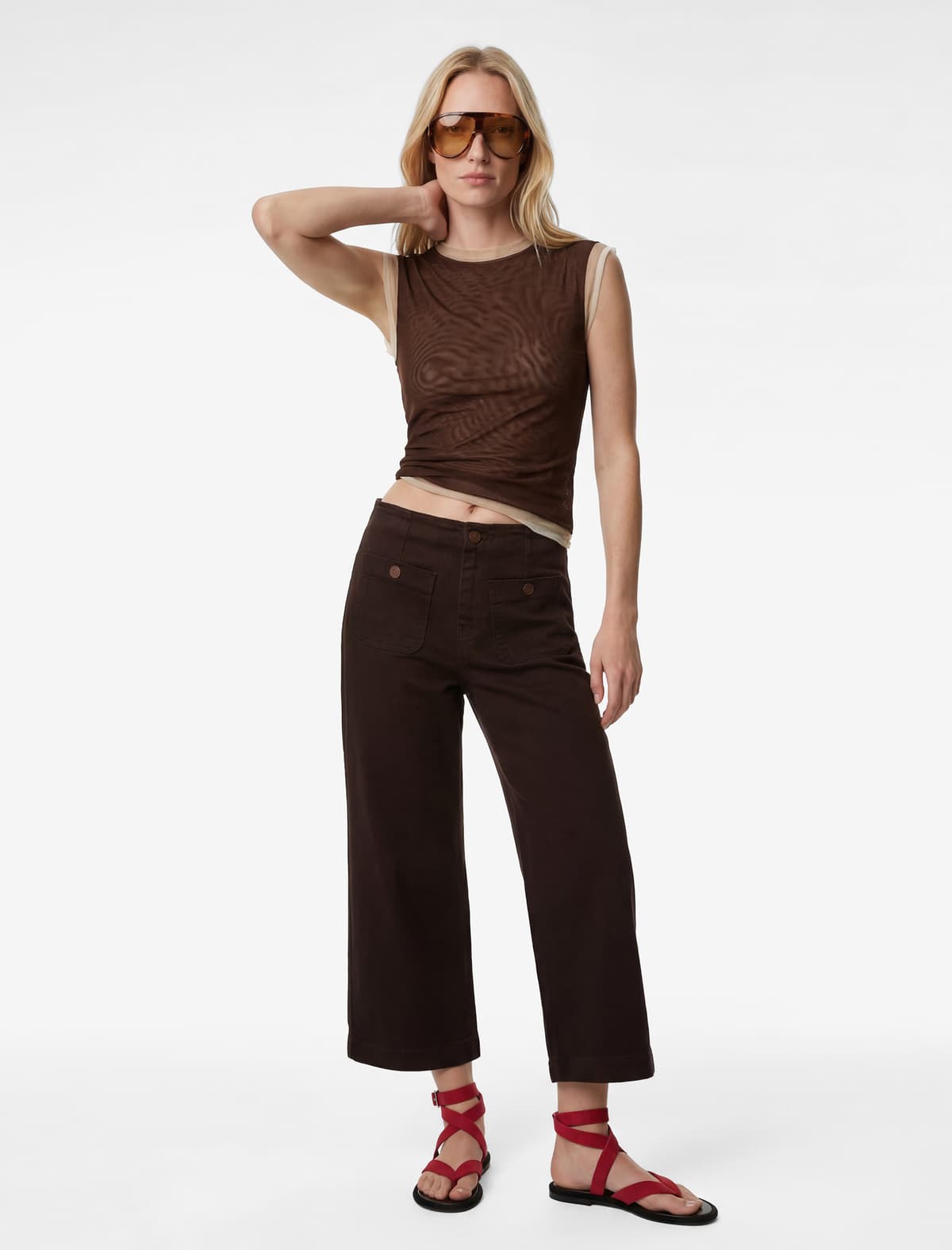 Yüksək Bel Cib Detallı Düyməli Geniş Paçalı Şalvar - Culotte Jeans
