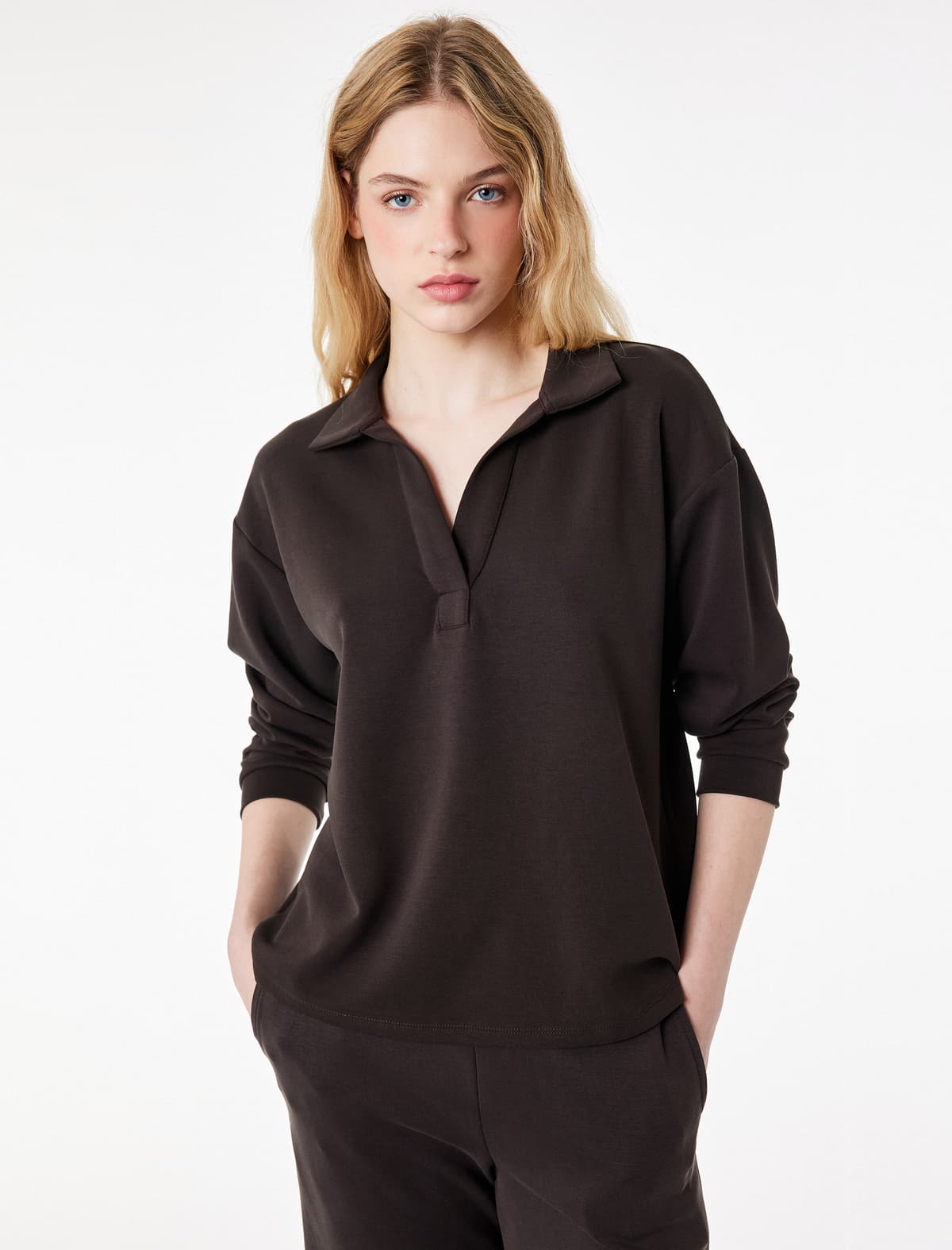 Modal Parça Uzunqol Rahat biçimli Polo Yaxalı Sweatshirt