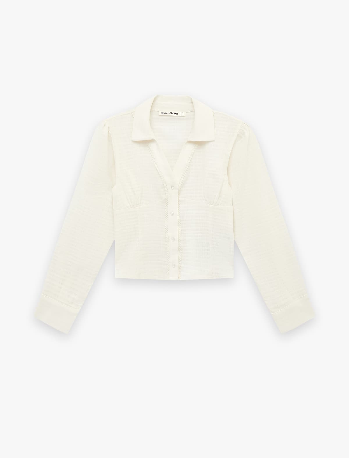 Pambıq Slim fit Düyməli Krujeva Detaylı Uzunqol Tişört