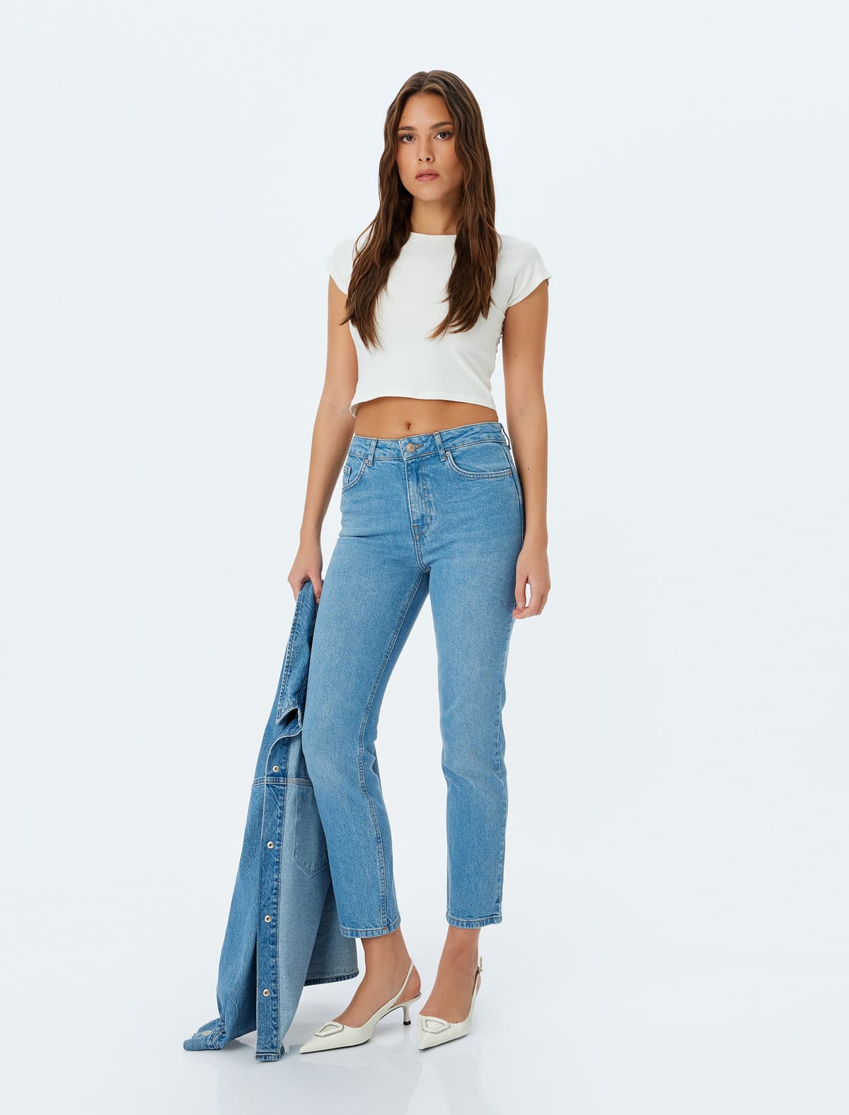 Normal Bel Slim Fit Düz Ayaqlı Cib Düyməli Cins Şalvar - Slim Straight Fit Jean