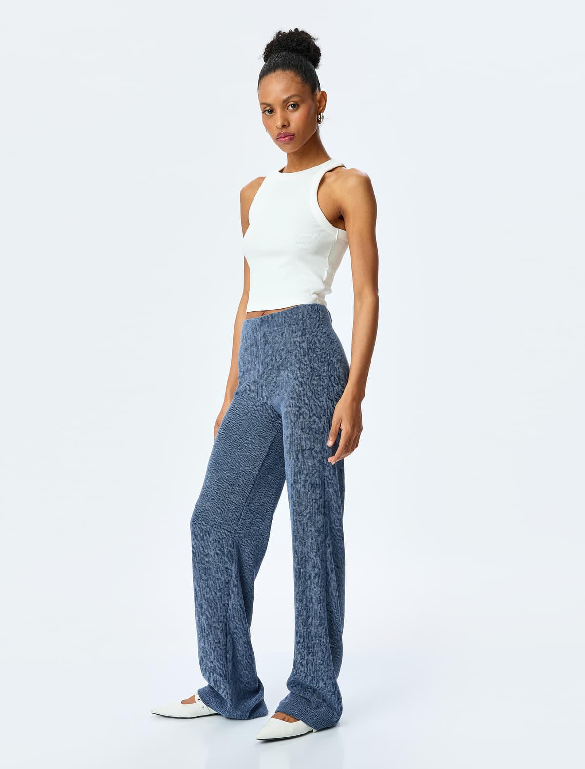 Slim Fit Teksturalı Yüksək Belli Geniş Ayaqlı Şalvar