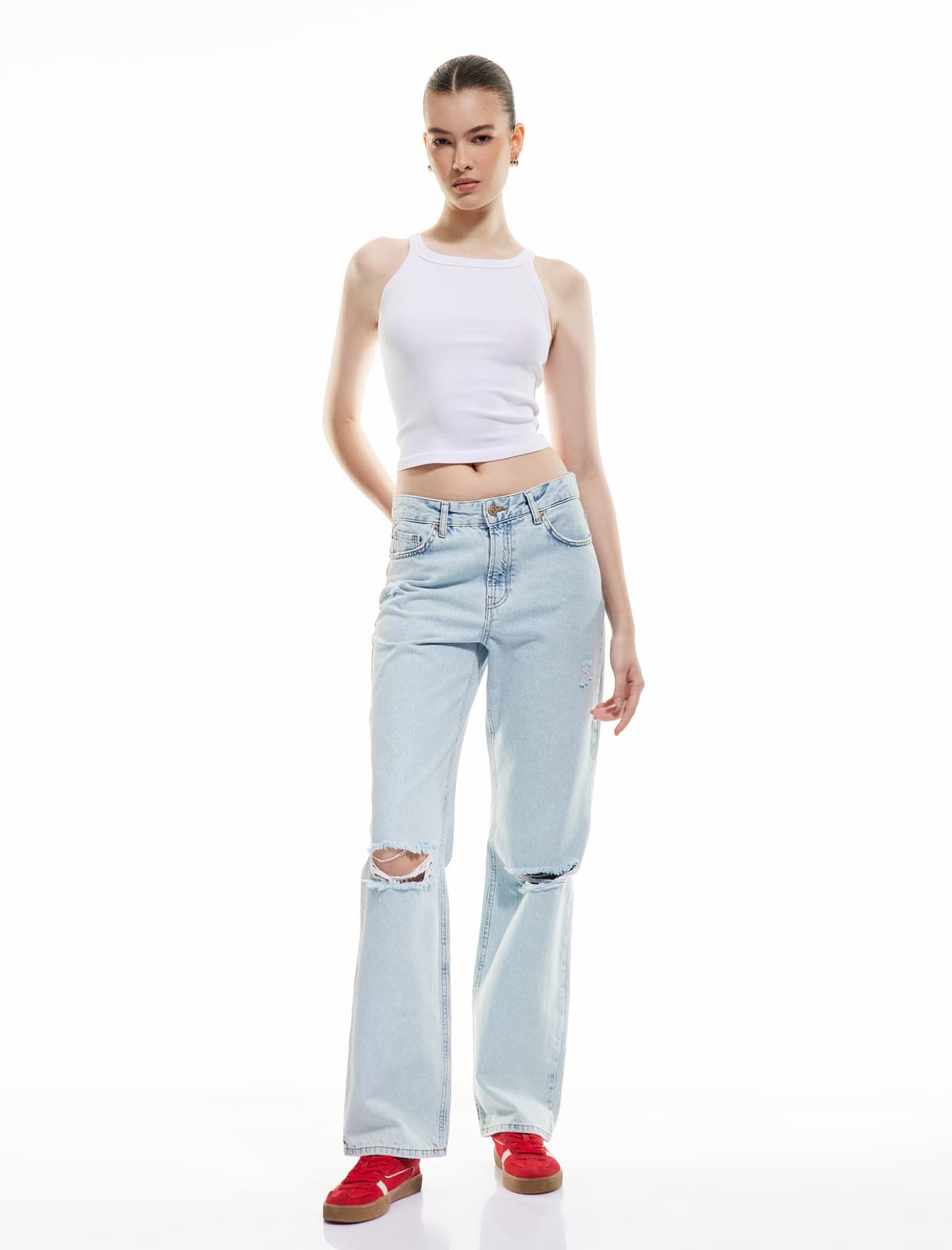 Pambıq Detaylı Düz ​​Ayaqlı Denim Şalvar - Straight Fit Jean