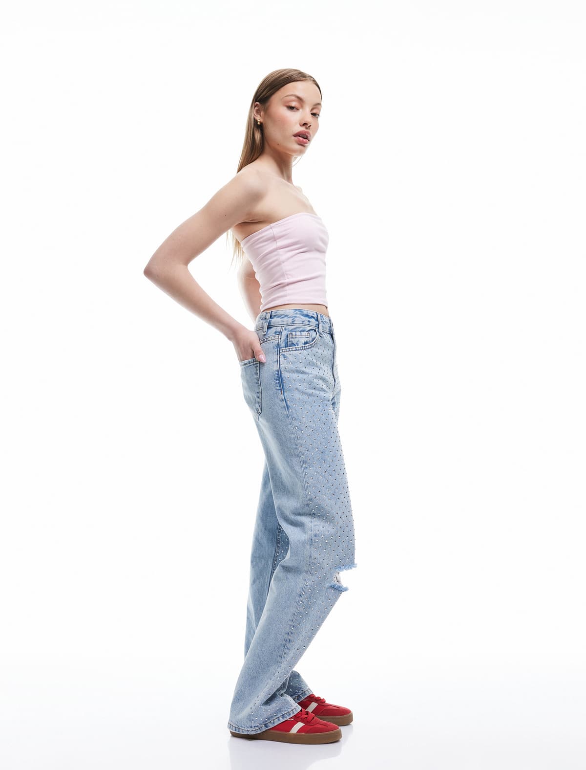 Pambıqlı Düz ​​Fit Jean Şalvar, Fraying Detallı - Daha Uzun Düz Fit Jean
