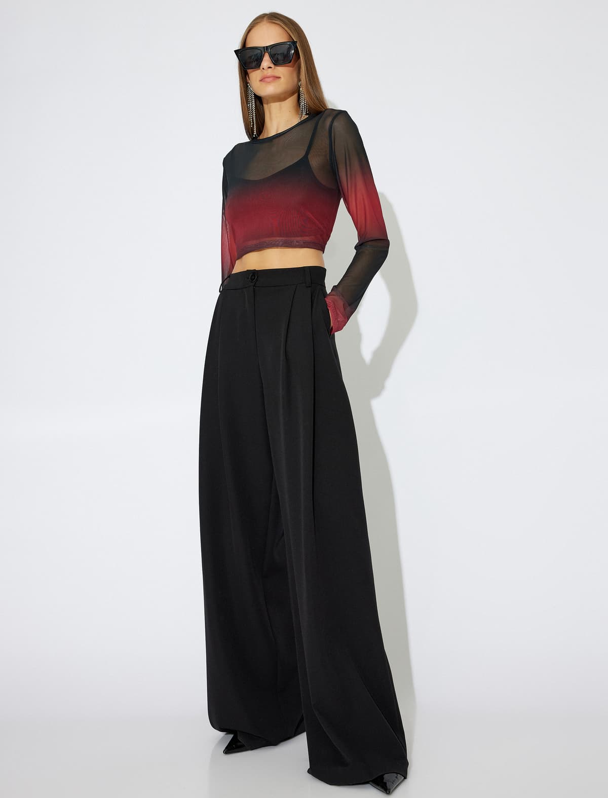 Qradient Uzunqol Dəyirmi Yakalı Tül Crop T-shirt