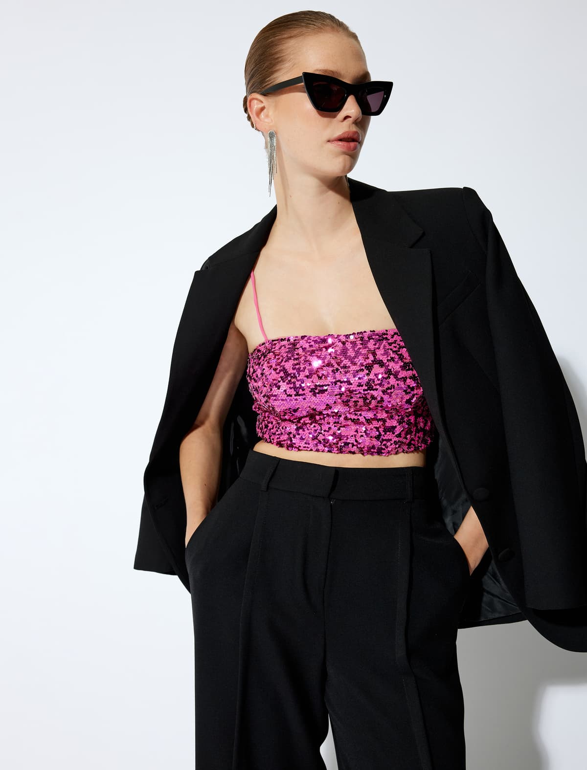 Axşam paltarı kəsikli kofta, payetli ip qayışlı Slim fit