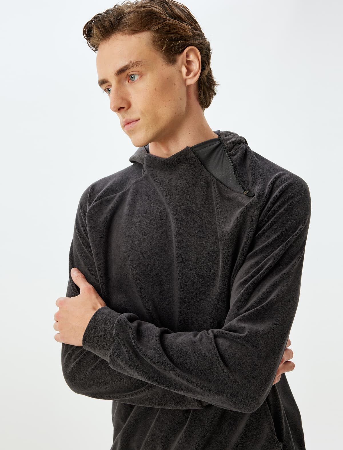 İdman Sweatshirt Boxy Kapşonlu Fleece Qalın Parça Fermuar Detaylı Kenquru Cib