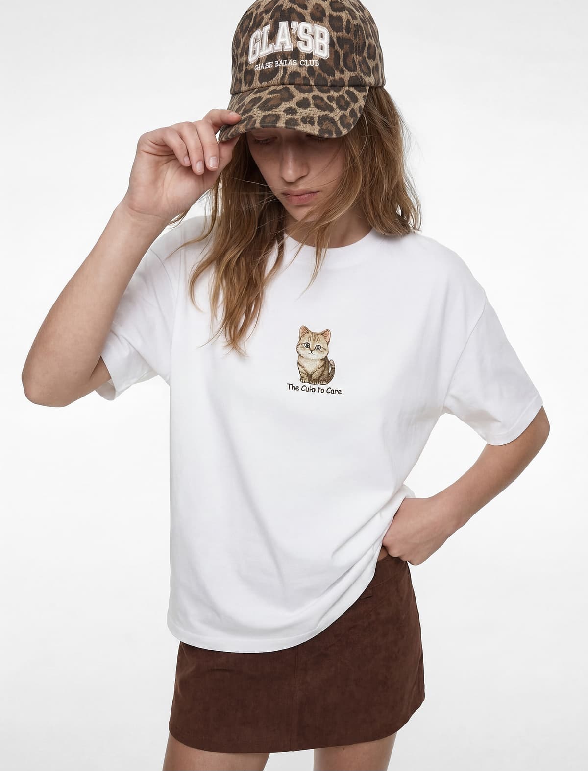 Qısaqol Ekipaj Yaka Pambıq Pişik Naxışlı Oversize T-shirt