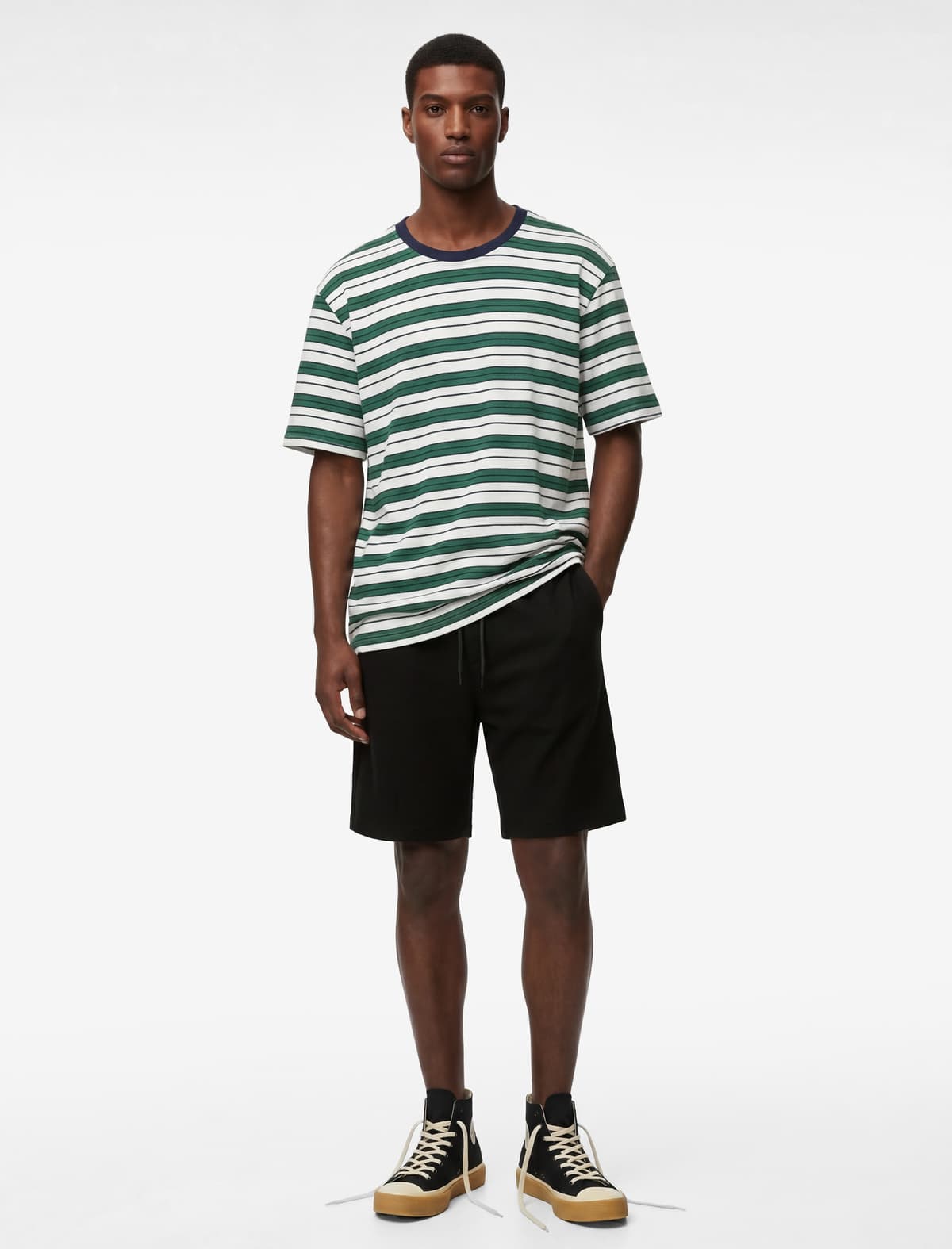 Normal fit Qısaqol Yaxalı Pambıq Zolaqlı Tişört