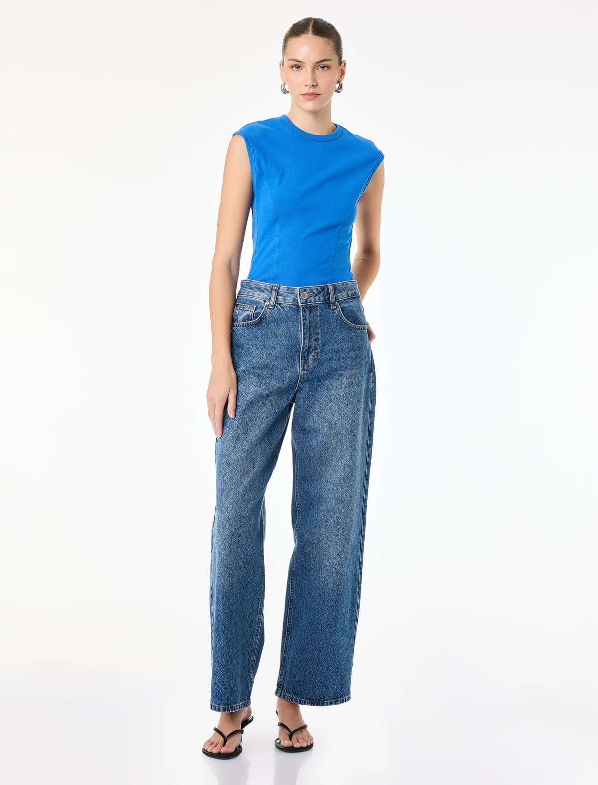 Cotton Dəyirmi yaxa Slim fit Qolsuz Kobalt Mavi tişört