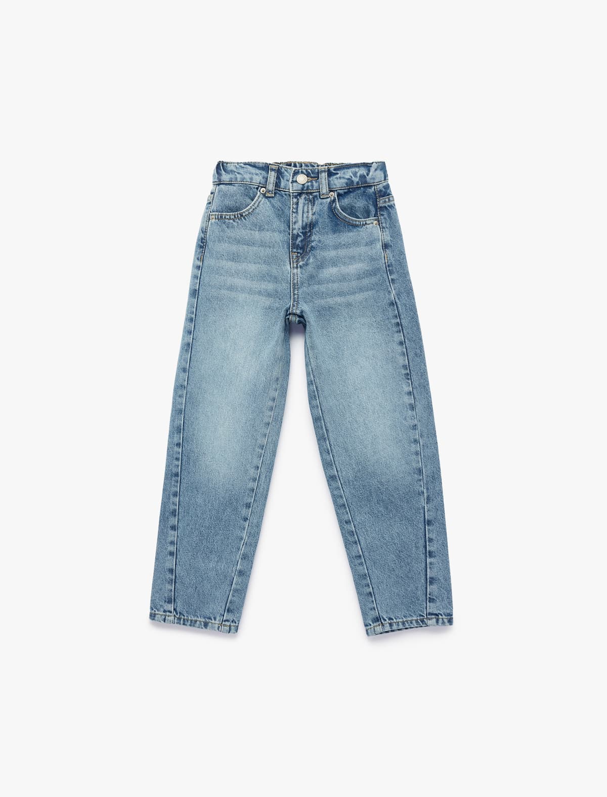 Elastik bel düymələri ilə rahat kəsilmiş denim şalvar