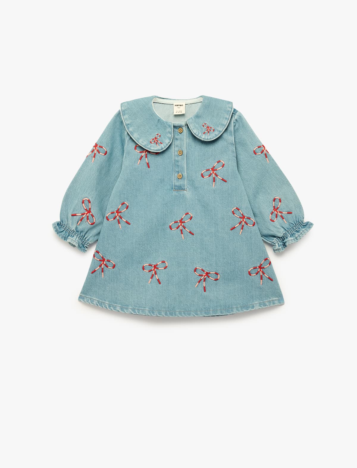 Pambıq Yay Naxışlı Uzunqol A-Line Uşaq Yaxalı Denim Paltar