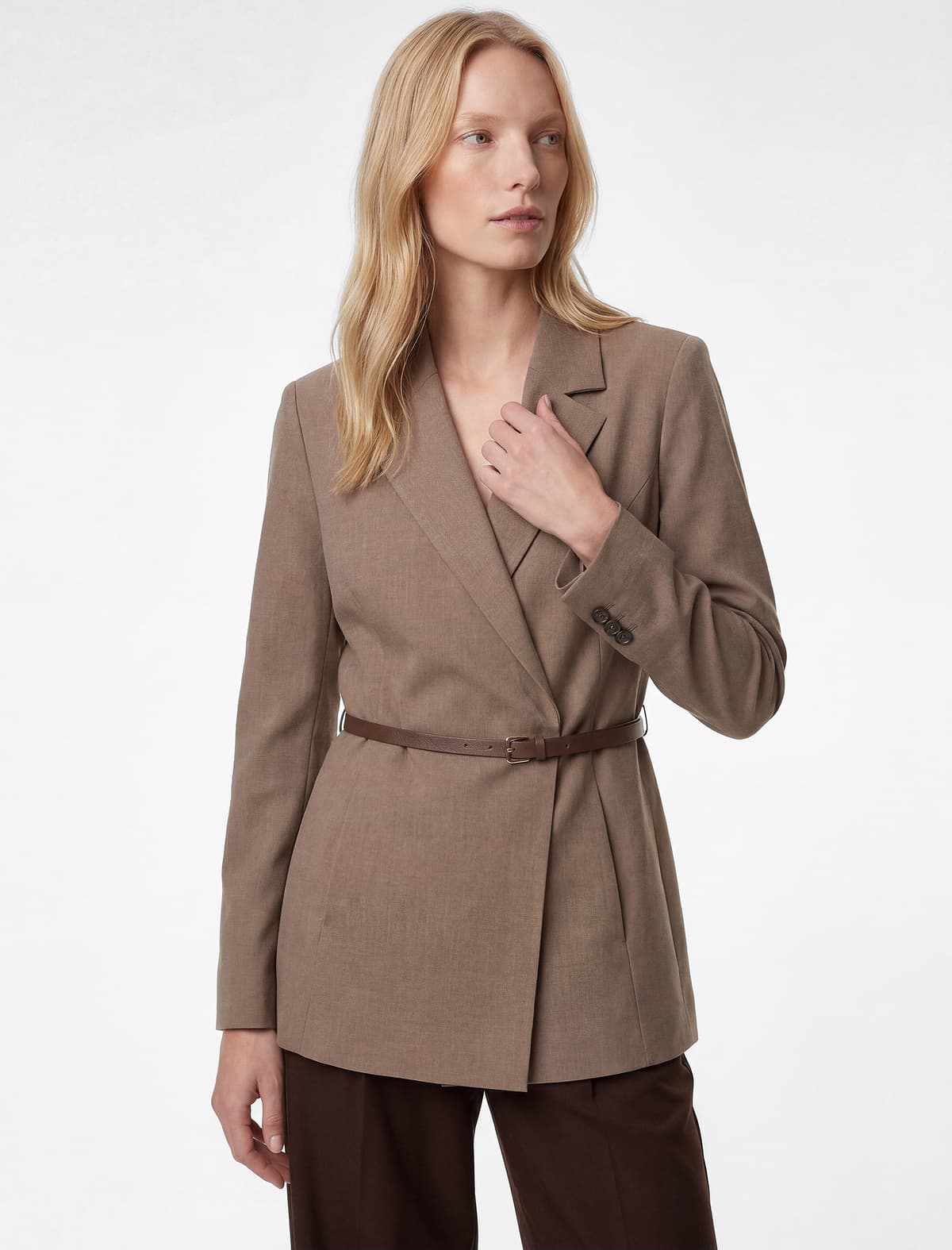 Qoşa Döş Yaxa Uzunqol Kəmərli Blazer Gödəkçə