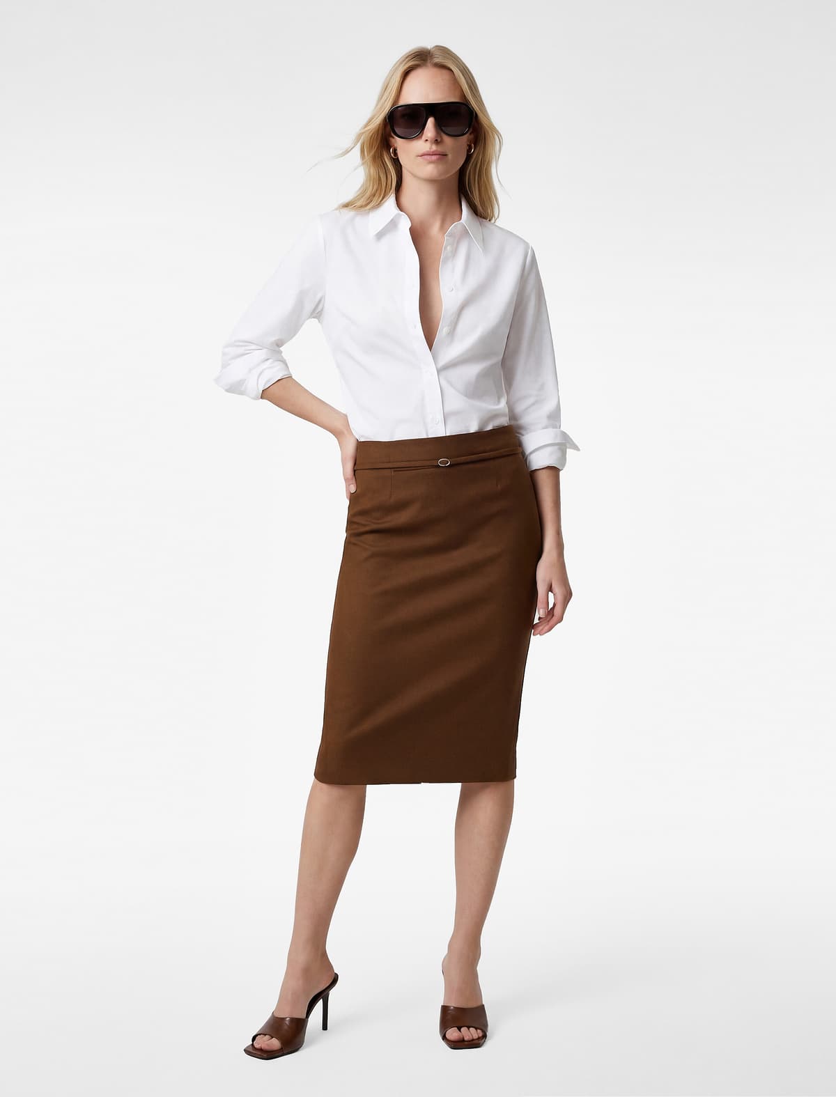 Slim fit Yarıq Kəmər Detallı Midi Qələm Ətəyi