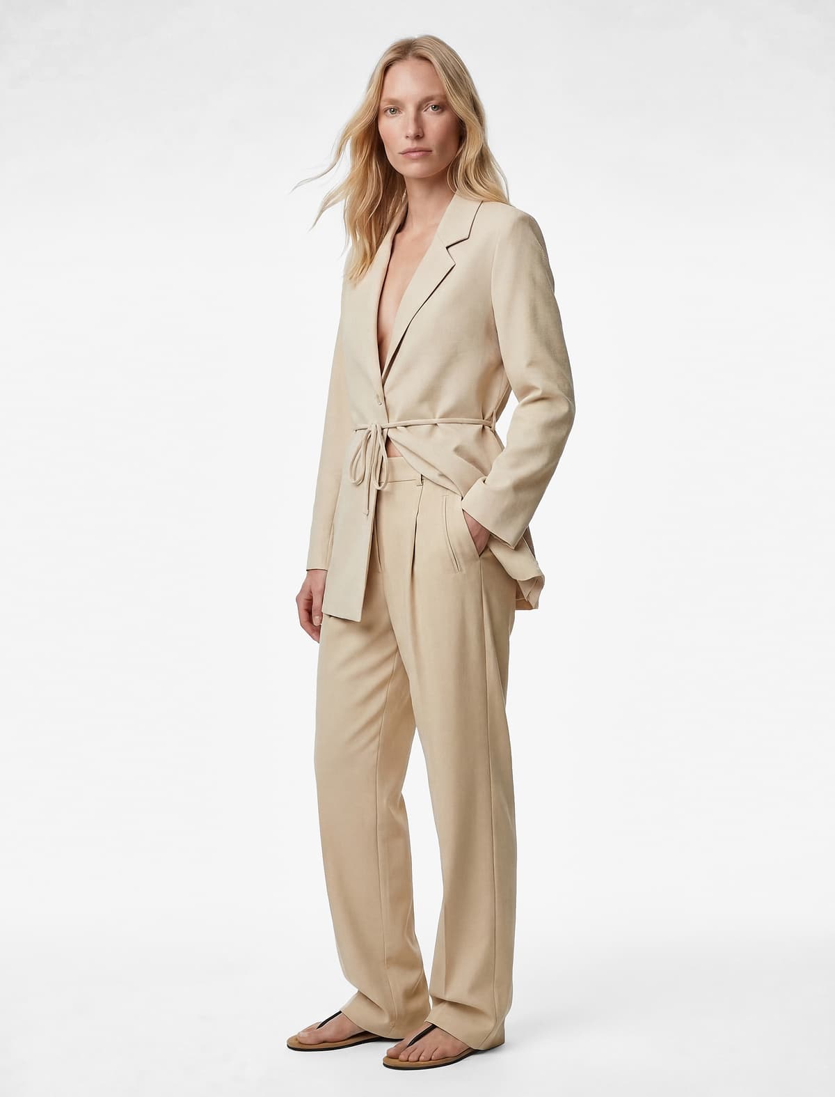 Viskoz Parça Uzunqol Düyməli Bel Bağlamalı Blazer Gödəkçə