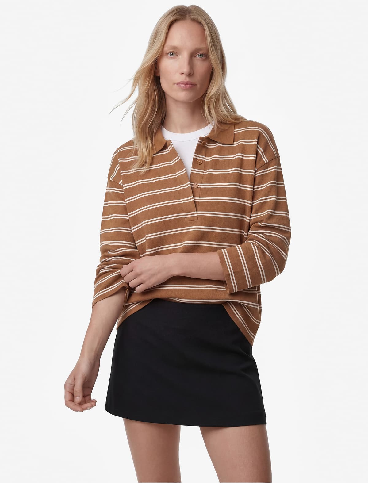Pambıq Uzunqol Düyməli Polo Yaxa Zolaqlı Oversize Sweatshirt