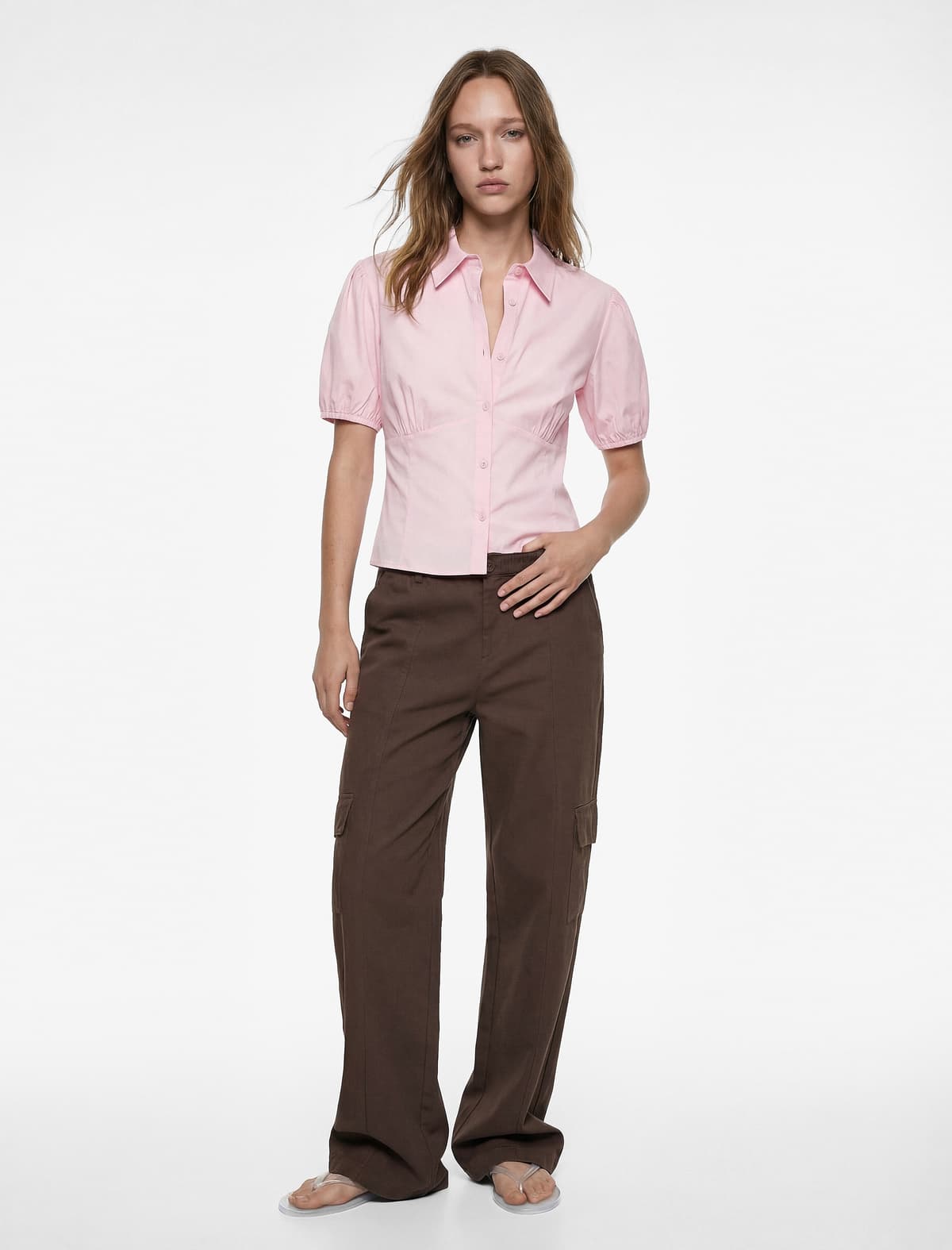 Pambıq Slim fit Qısa Şar Qolu Klassik Yaxalı Crop Bluza