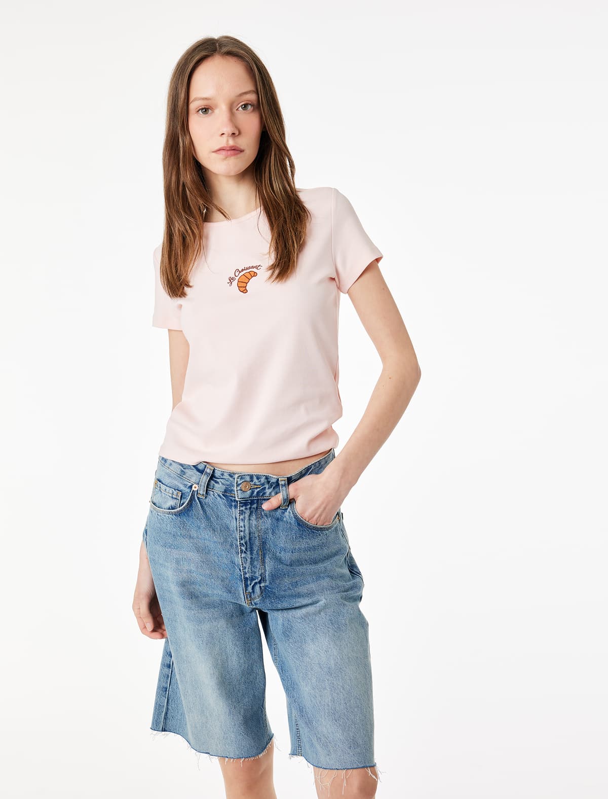 Slim Fit Qısaqol Yakalı Kruvasan Naxışlı Pambıq Köynək