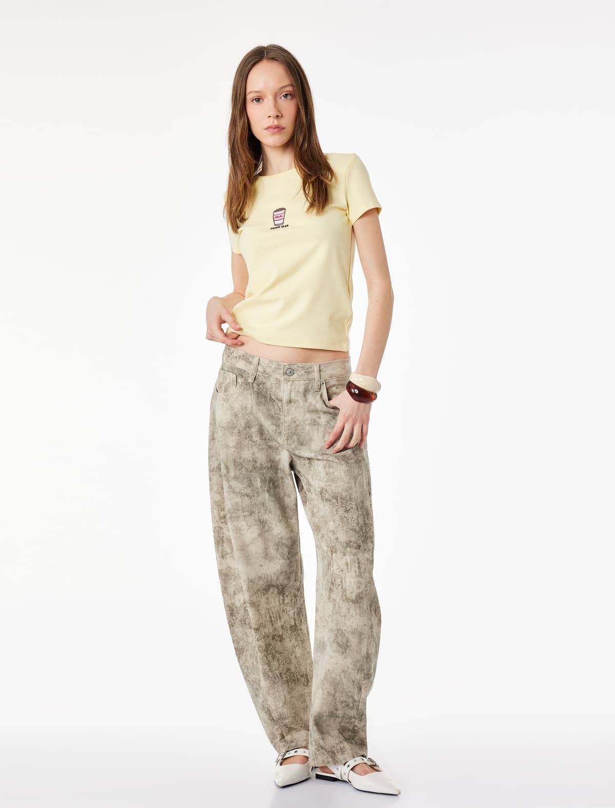 Slim Fit Qısaqol Ekipaj Yaka Naxışlı Pambıq Köynək