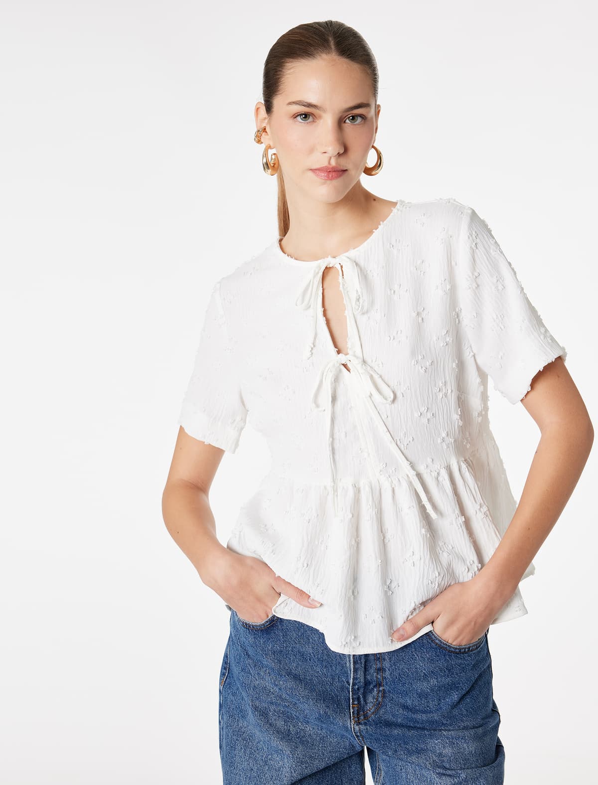 Qalstuklu Yay Detallı Qısaqol Teksturalı Peplum Kofta