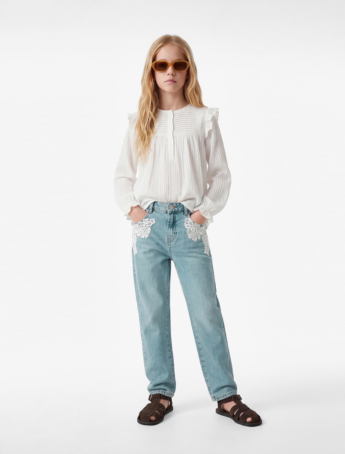 Krujeva Detaylı Pambıq Mom Fit Denim Şalvar