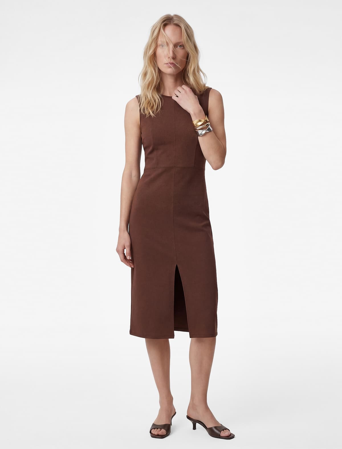 Slim fit Dəyirmi Yaxa Qolsuz Midi Ön Yarıq Detallı Don