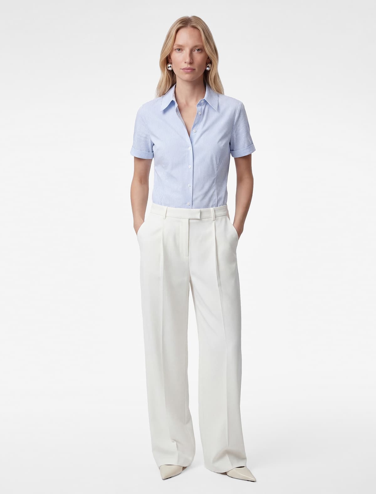 Slim Fit Klassik Yaxa Qısaqol Zolaqlı Poplin Köynək