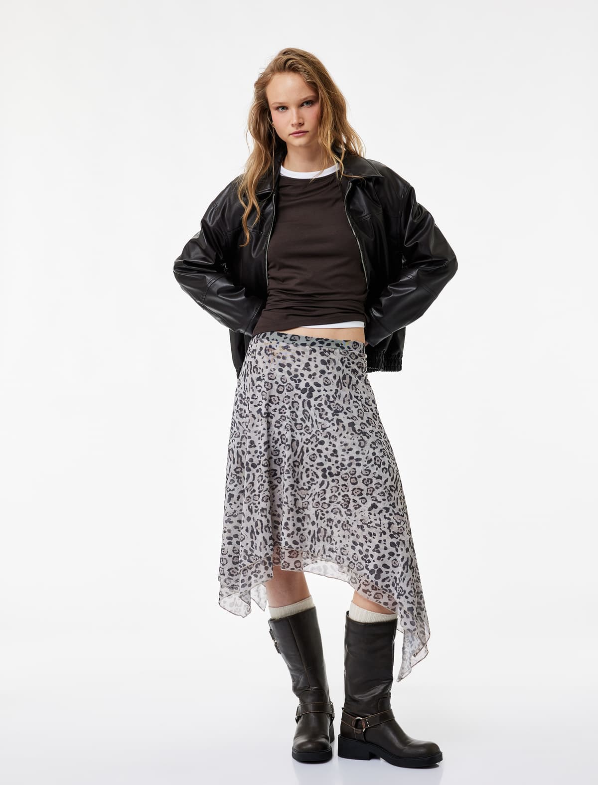 Asimmetrik kəsimli Slim Fit Midi Bəbir Etek