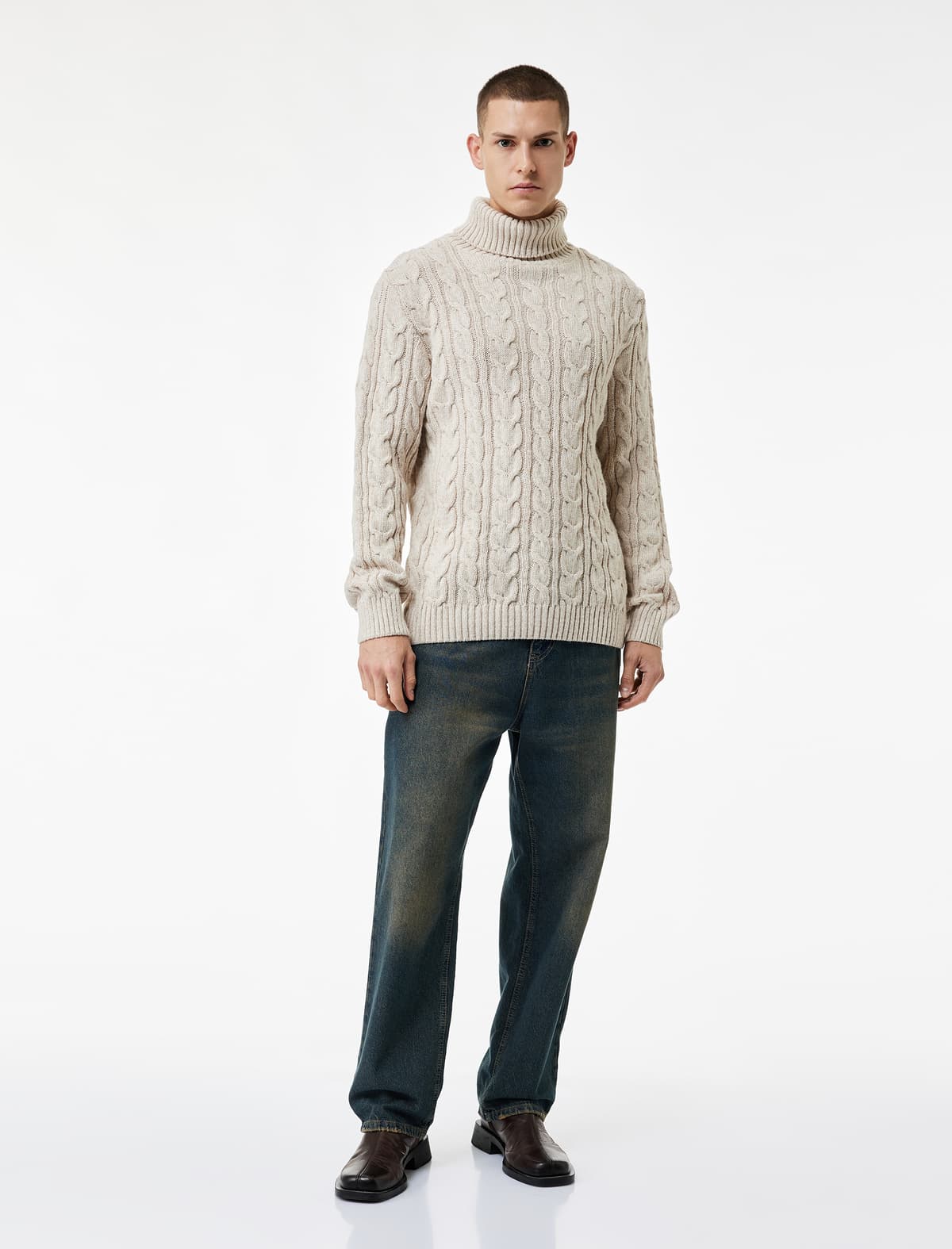 Uzunqol Trikotaj Teksturalı Turtleneck Trikotaj Sviter